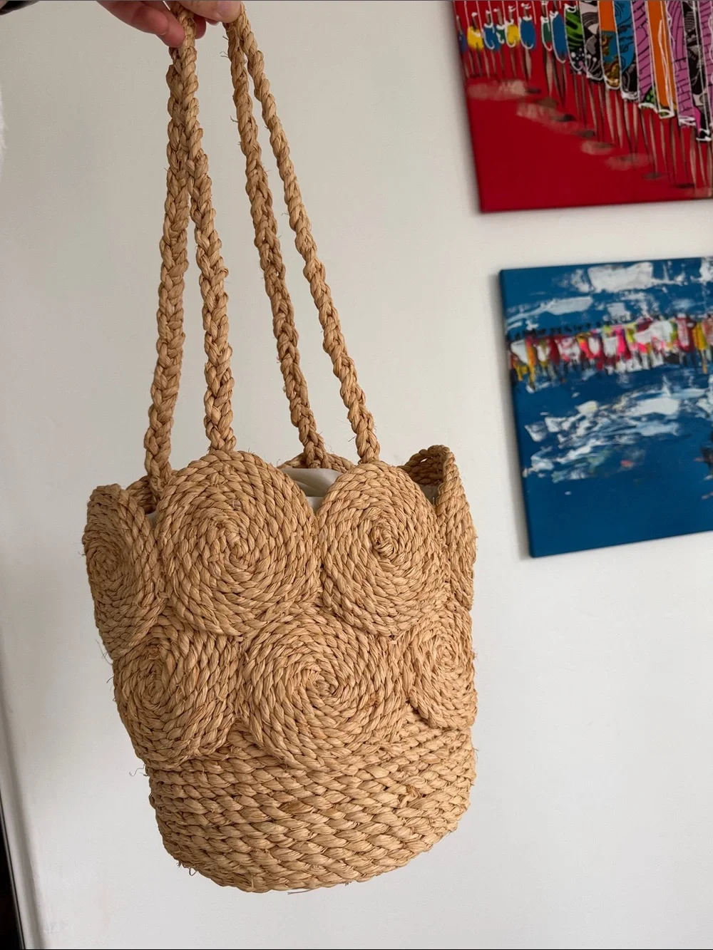 Handwoven Tan Straw Circle Tote Bag - Women Bags
